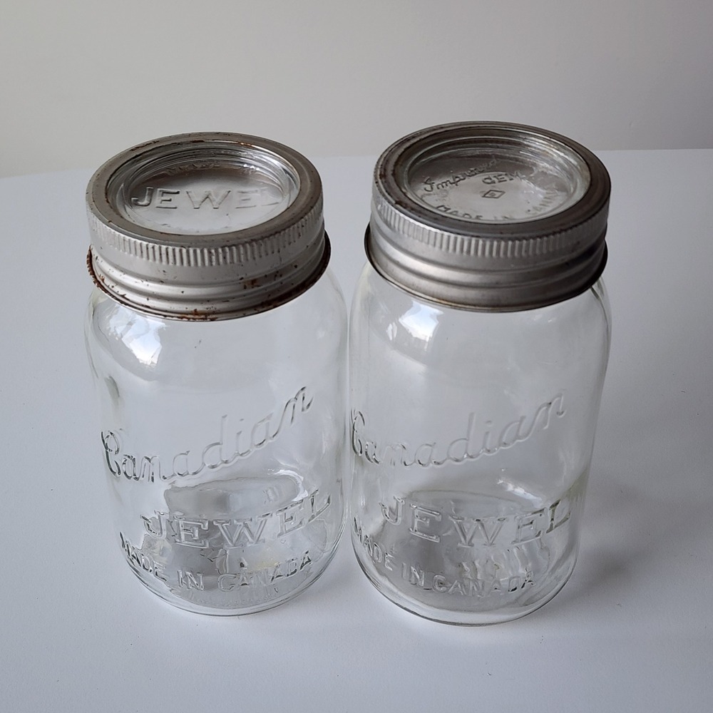 Canadian Jewel Mason Jars Pint Clear Vintage Glass Zinc Rings Glass Lids Pair